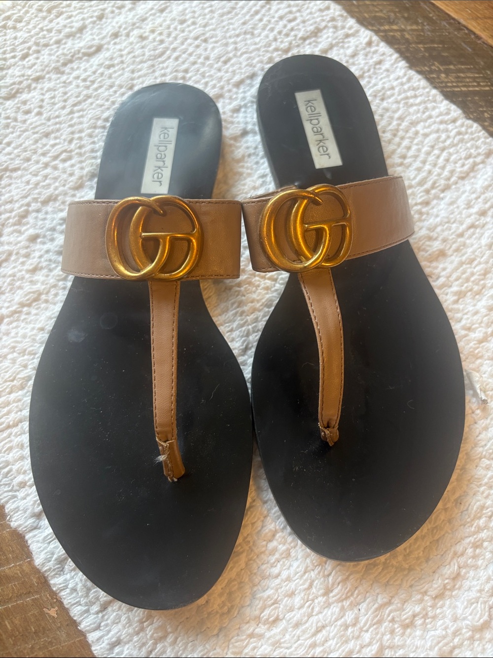 Kellparker Tan Thong Sandals with Gold GG Marmont Hardware. Mob Wife Aesthetic.